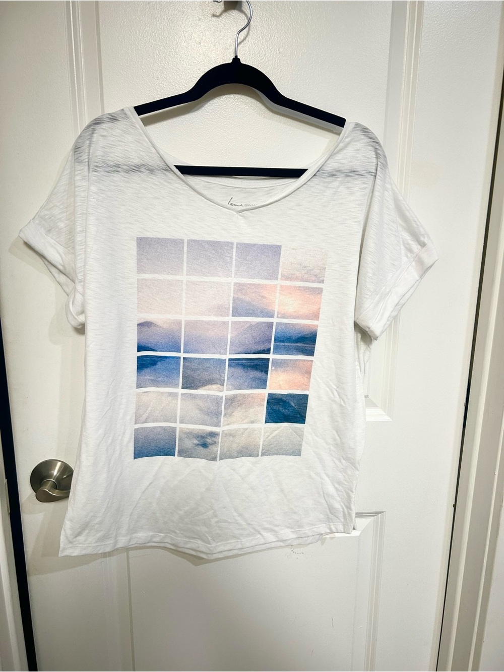 Lane Bryant White Short-Sleeve Tee with Blue and Pink Grid Graphic